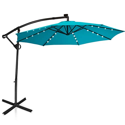 10FT Home Patio Offset Umbrella w/Solar Powered LED 360° Rotation Aluminum Turquoise