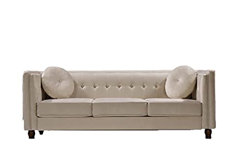 US Pride Furniture Velvet Square Arm Chesterfield Sofas, Ivory