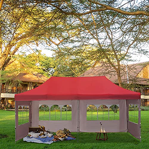 HYD-Parts Outdoor Patio 10x20 Ft Pop up Shade Canopy Party Wedding Gazebo Tent (10x20 Feet Four sidewalls, Red)