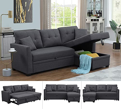 Sectional Sofa with Pull Out Bed and Reversible Storage Chaise Lounge L-Shaped Linen Convertible 3 Seater Tufted Upholstered Small Modern Couch Sleeper for Living Room Office Apartment (Dark Gray)
