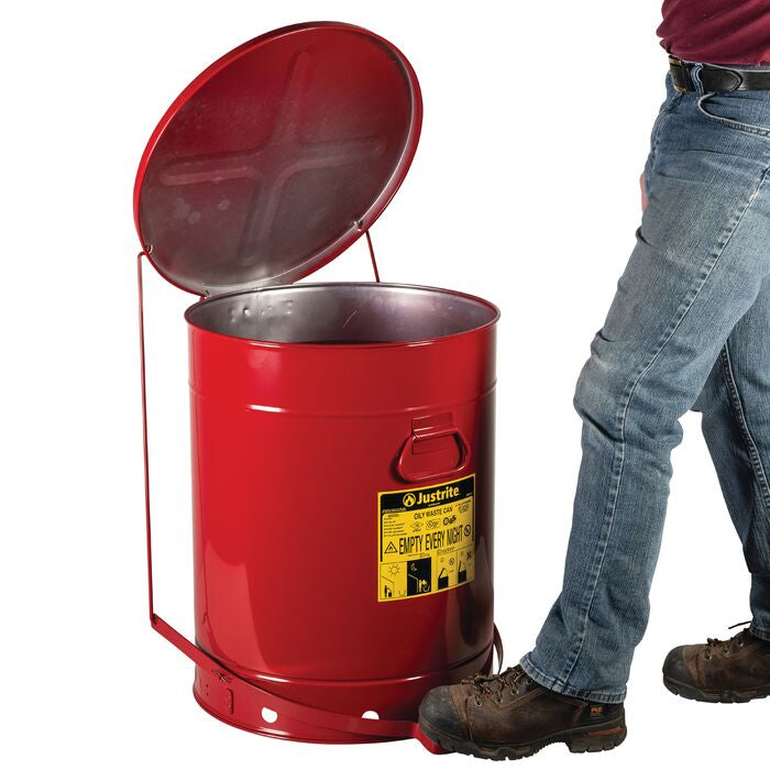 Justrite 21 Gallon, Oily Waste Can, Hands-Free, Self-Closing Cover, Red