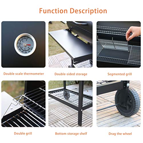 Camel Shopping Mall Large Charcoal Trolley Barrel BBQ Barbecue Grill Big Garden Outdoor Cooking Patio with Heat Indicator Wheels Metal Shelves