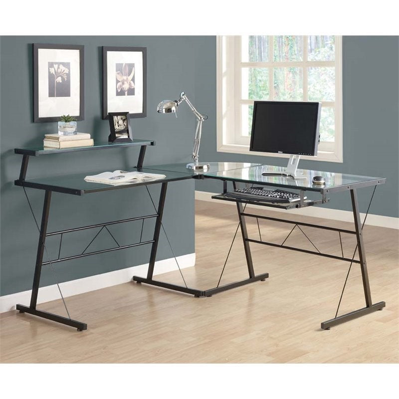Glass Top Metal L Shaped Computer Desk in Black