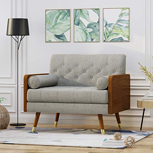 Christopher Knight Home Aidan Mid Century Modern Tufted Fabric Sofa, Beige & Greta Mid Century Modern Fabric Club Chair, Beige, Dark Walnut