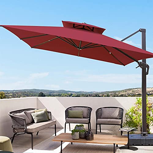 MORITIA 11 Feet Outdoor Patio Umbrella Square Deluxe Aluminum Offset Hanging Umbrellas with Double Top for Market Garden Deck Backyard Pool 360° Rotation & 5 Grades of Tilting System (Wine Red) (Base Not Included)