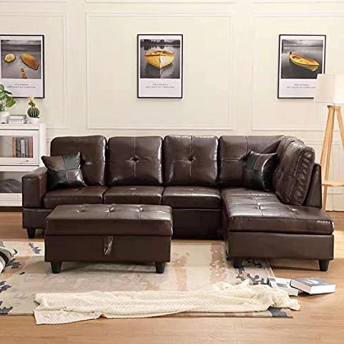 STARTOGOO 2021 Faux PU Leather Sectional Sofa Couch Easy to Assemble for Living Room Furniture Set, L-Shape 5 Seater Tufted Cushion Corner Sofá W/Right Chaise Lounge and Storage Ottoman, Brown