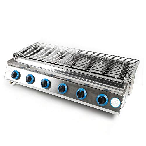 Gdrasuya10 6 Burner Commercial Gas LPG Grill, Smokeless Stainless Steel Independent Switch Outdoor BBQ Tabletop Cooker 2800pa