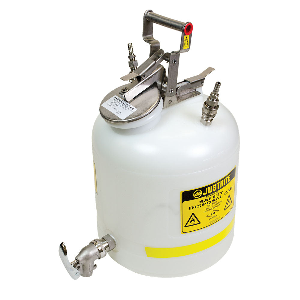 Justrite Disposal Can with Faucet, Quick-Disconnect, Stainless Steel Fittings for 3/8-In Tubing, 5 Gallon, Polypropylene