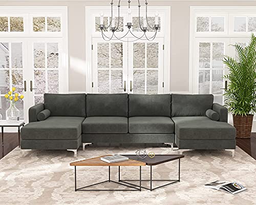 GAOPAN Modern Stylish Elegant Velvet Upholstered Sectional Sofa with Two Pillows, Home Villa Living Room Furniture Set U-Shape Symmetrical 4 Seaters Couch W/Double Wide Chaise Lounge,Black