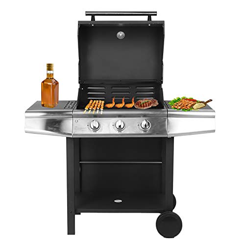 TOPINCN Rolling Gas Grill Cabinet, 3-Burner Liquid Propane Grill Stainless Steel Patio Garden Barbecue Grill with Side Burner 36849.6 BTU 400 sq.in. for Restaurant Garden