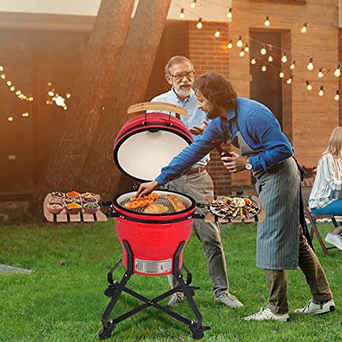 ONME Charcoal Grill, Ceramic Barbecue Grill, 18in Steel Outdoor BBQ Grill for Camping Picnics Red