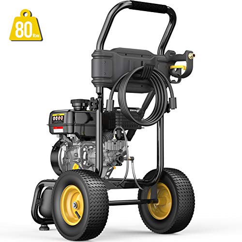 BLUBERY 3500PSI Gas Pressure Washer, 13'' Pneumatic Anti-Skid Tires, 50FT Hose&Soap Container, 2.6GPM 212CC Power Washer, 5 Adjustable Nozzles, CARB&EPA CERT