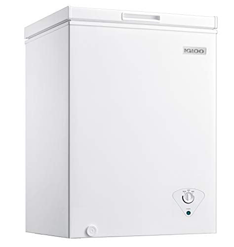 Igloo ICFMD50WH 5.0 Cu. Ft. Chest Freezer With Removable Basket, Free-Standing Door, Temperature Ranges From -10° to 10° F, Front Defrost Water Drain, Perfect For Homes, Garages, Basements, RVs, White