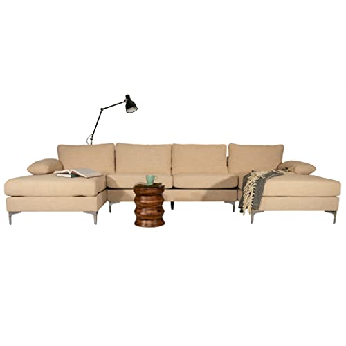 Casa Andrea Milano Modern Large Tweed Fabric U-Shape Sectional Sofa, Double Extra Wide Chaise Lounge Couch, Beige