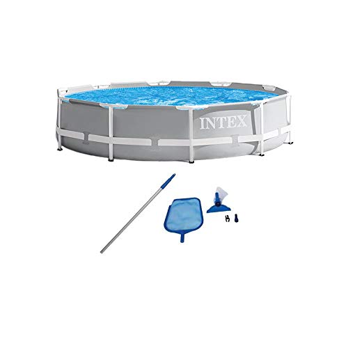 Intex 26701EH 10ft x 30in Prism Metal Frame Above Ground Swimming Pool with Filter Pump and Cleaning Maintenance Kit with Vacuum, Skimmer and Pole