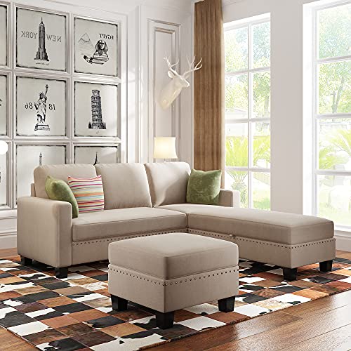 Ironkoi Nailheaded Textured Fabric 3 Pieces Sofa Set, Ironkoi L Sectional Sofa, Sectional Sleeper Sofa, Sectional Sofas for Living Room, Upholstered with Ottoman,Reversible Storage Chaise,Warm Grey