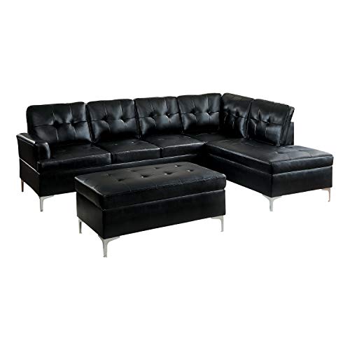 Lexicon Dani 3-Piece Faux Leather Tufted Sectional Sofa with Right Chaise and Ottoman, Black