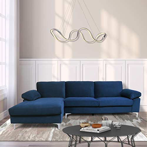 UNIROI Velvet L-Shape Sectional Sofa, Modern Style Corner Couch with Extra Wide Chaise Loung for Living Room Furniture Sets, Elegant Blue