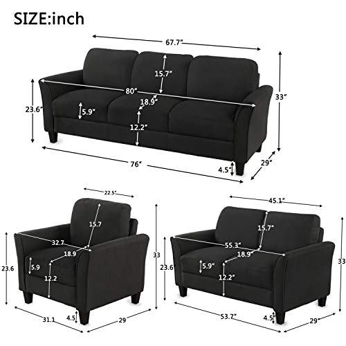 Harper & Bright Designs Sofa Couch Living Room Furniture Sofa Sets (1-seat+loveseat+3-seat, Light Black)