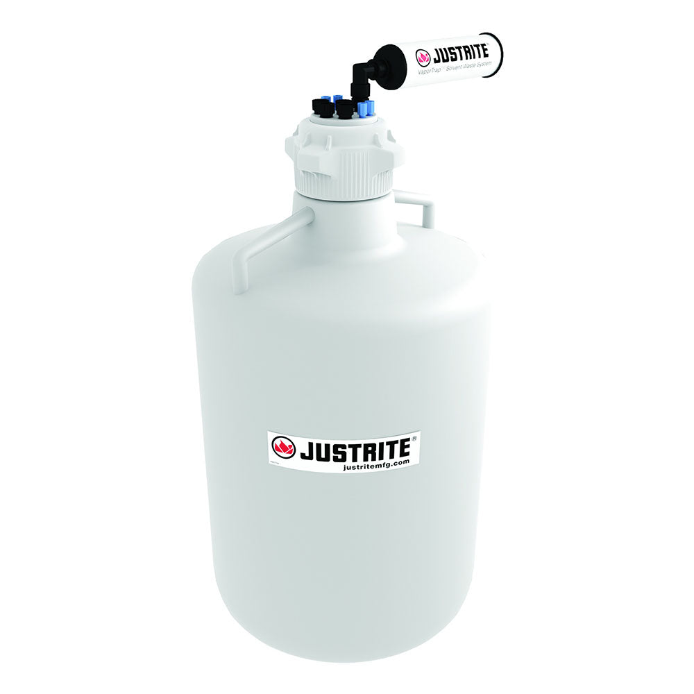 Justrite VaporTrap™ Carboy with Filter Kit, 20L RND HDPE, 83mm Cap, 4 Ports 1/8'' OD Tubing, 4 Ports 1/4