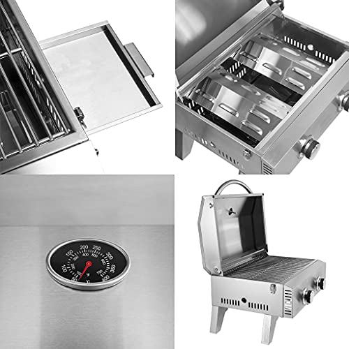 YZJC Portable Propane BBQ Gas Grill, Mini Tabletop Stainless Steel Two-Burner BBQ with Foldable Leg, 20000 BTU, Ideal for Outdoor Camping Picnic Trip, 22'' x 18'' x 15'', (Silver)