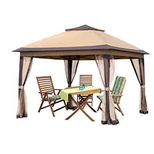 PAMAPIC 11x11 Outdoor Gazebo for Patios Canopy for Shade and Rain with Mosquito Netting, Waterproof Soft Top Metal Frame Gazebo for Lawn, Garden, Backyard and Deck (Brown)