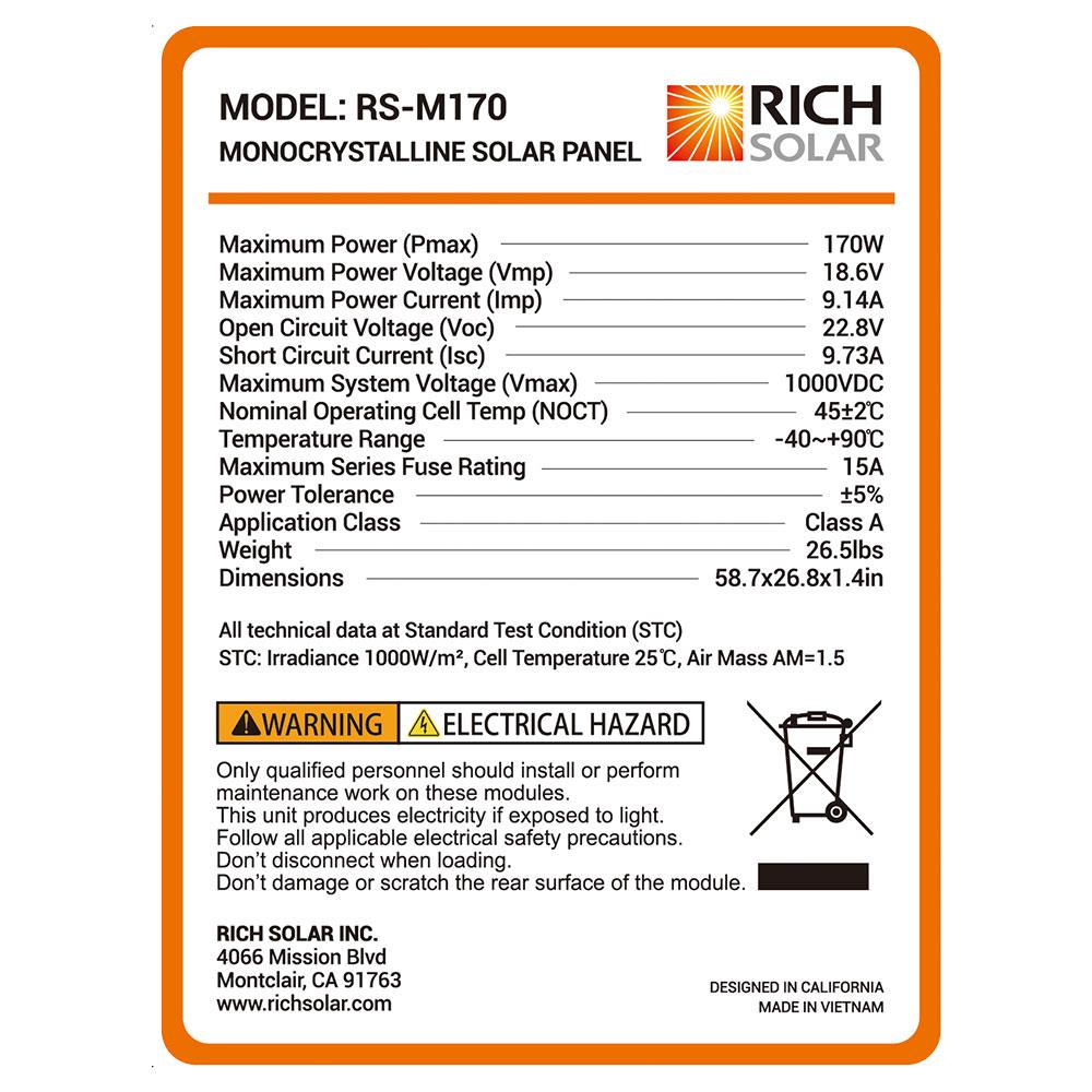 Rich Solar RS-M170 100 Watt 12 Volt Solar Panel New