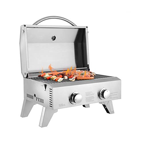 Modern Tabletop Stainless Steel 2-Burner Gas Grill2000 BTU BBQ Grid with Foldable Legs for Outdoor Camping Picnic Grill Home BBQ Oven, Outdoor Pizza Oven Fired Wood Charcoal Cooker Camping Stove