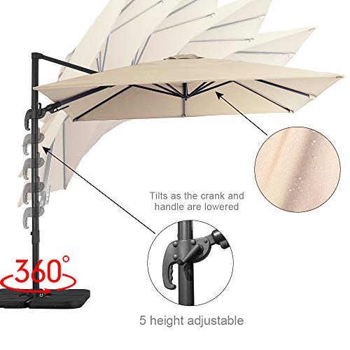 U-Eway 10ft Cantilever Offset Patio Umbrella Stand - Aluminum Polyester 360 Degree Rotating Swing function Cross bottom Easy Tilt Steel Offset Smooth Sliding Handle Shading Square (Beige)