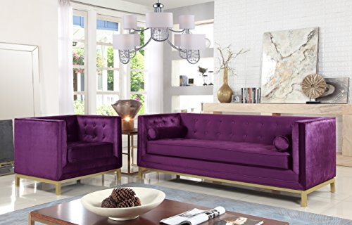 Iconic Home Dafna Club Sofa Sleek Elegant Tufted Velvet Plush Cushion Brass Finished Stainless Steel Brushed Metal Frame Couch, Modern Contemporary, Purple