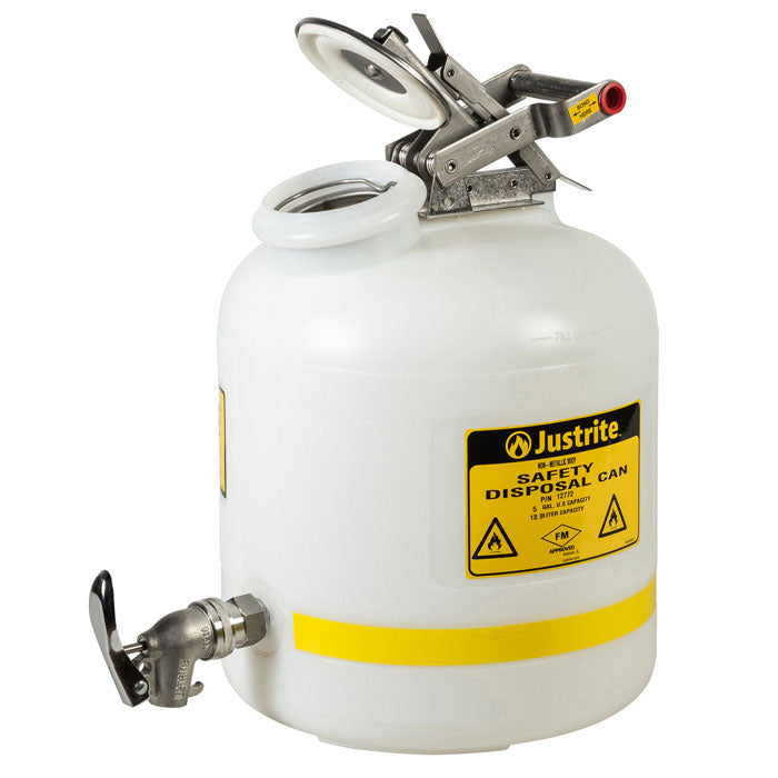 Justrite Safety Can For Liquid Disposal, 5 Gallon, Stainless Steel Faucet, Polyethylene