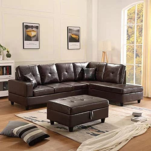 STARTO Modern Soft PU Sectional Sofa Set, L-Shaped Faux Leather Couch Chaise Lounge and Storage Ottoman for Living Room Home Furniture (Brown Right)