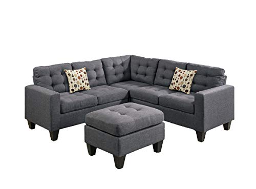 Poundex Bobkona Norton Linen-Like 4 Piece Sectional with Ottoman Set (F6935), Blue Grey