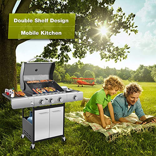 R.W.FLAME 34000 BTU Liquid Propane Grill with 3-Burner,Temperature Display, Bottle Opener, Side Burner, Cart Grills, Stainless Steel Gas BBQ Wagon