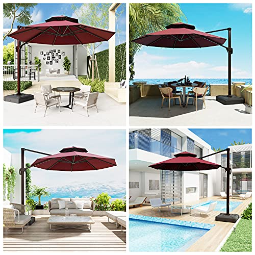 FUNWARRIOR 12ft Patio Umbrella Outdoor Umbrella Large Cantilever Umbrella Windproof Offset Umbrella Heavy Duty Sun Umbrella for Garden Deck Pool Patio with Double Top Round Deluxe, Wine Red(Without Base)