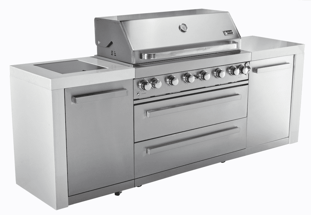 Mont Alpi MAI805-D Deluxe Outdoor Kitchen Island with 6 Burner Island Grill 304 Stainless Steel with Modern White Side Cabinets New