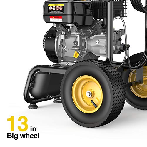 BLUBERY 3500PSI Gas Pressure Washer, 13'' Pneumatic Anti-Skid Tires, 50FT Hose&Soap Container, 2.6GPM 212CC Power Washer, 5 Adjustable Nozzles, CARB&EPA CERT