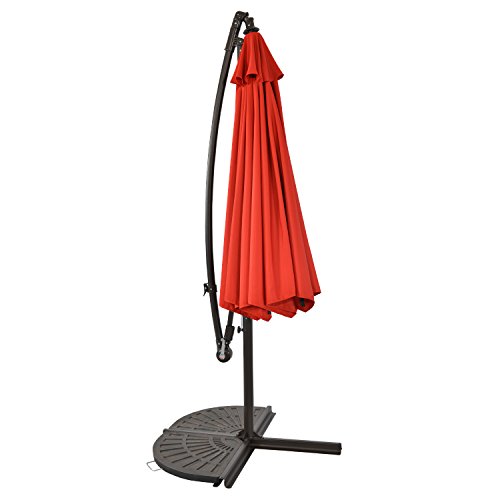 Sun-Ray 811045 10' Round Cantilever 8-Rib Offset Solar Patio Umbrella, 24 LED Lights, Crank with Adjustable Tilt, Cross Base, Aluminum Frame, Scarlet/Red