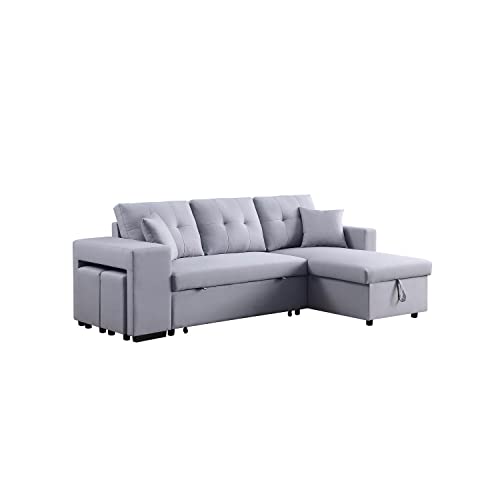 Lilola Home Dennis Linen Fabric Reversible Sleeper Sectional with Storage Chaise and 2 Stools