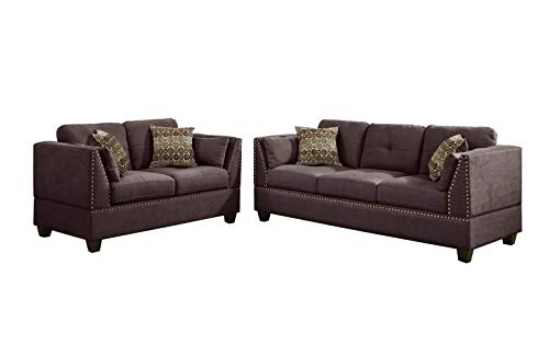 Poundex PDEX-F6917 F6917 Bobkona Zenda Velvet 2 Piece Sofa and Loveseat Set, Dark Brown