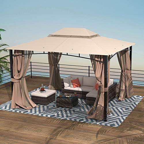 Cloud Mountain Finefind Patio Gazebo with Mosquito Netting Outdoor Gazbeo Canopy 10x12 Backyard Double Roof Vented, Sand