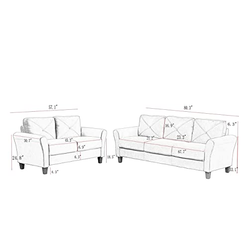 2-Piece Upholstered Sofa Couch, Modern Couch Set with 3 Seat Sofa and Loveseat Sofa, Home Furniture Set for Living Room and Bedroom, 2 Pieces (Dark Black)