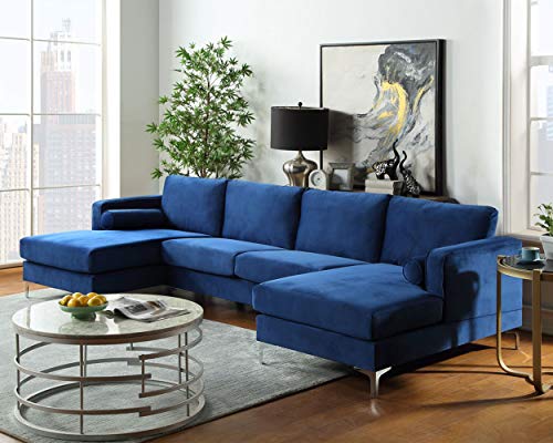 UNIROI Stylish Elegant Velvet Upholstered Sectional Sofa with Metal Legs, 2 Pillows, U-Shape Symmetrical 4 Seaters Sofá Couch W/Double Wide Chaise Lounge for Living Room Furniture Set, Blue