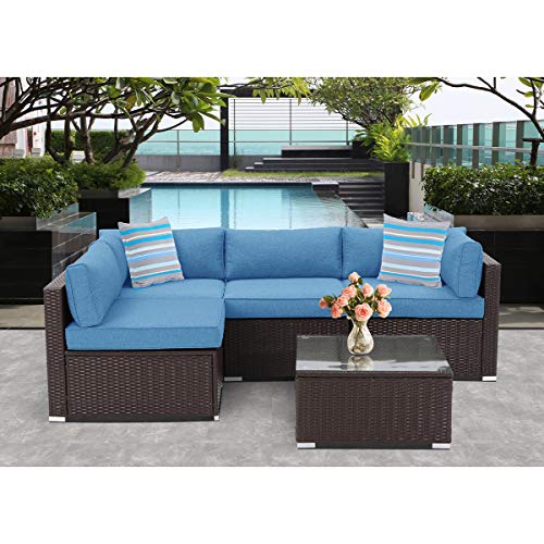 SUNBURY 5-Piece Outdoor Sectional Brown Wicker Sofa, PE Rattan Patio Furniture Set w Blue Cushion, Tempered Glass Table, Weatherproof Cover for Backyard