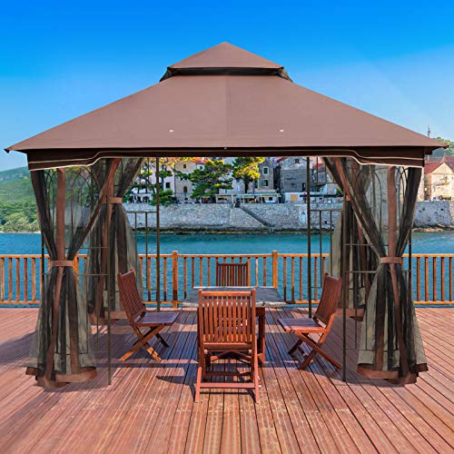 AVAWING 10FT Outdoor Patio Gazebo, Gazebo Tent with Netting, Double Waterproof Soft-top Canopy for Party, Backyard, Chocolate