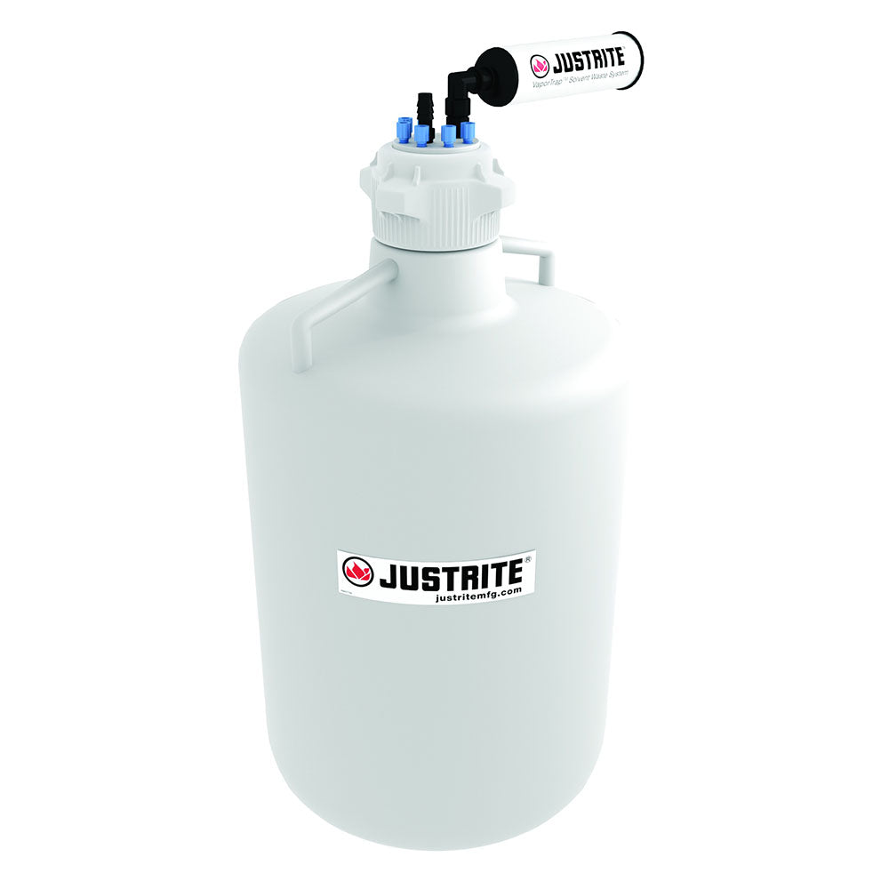 Justrite VaporTrap™ Carboy With Filter Kit, 20L RND HDPE, 83mm Cap, 6 Ports 1/8