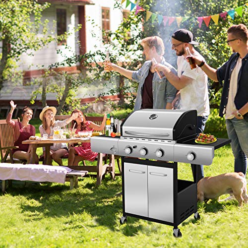 Kismile Three Burners Liquid Propane Gas Grill, 34000 BTU BBQ Gas Grill with Stainless steel, Enamelled Cooking Grills, Gas BBQ Wagon for Outdoor Use (Three Burners)