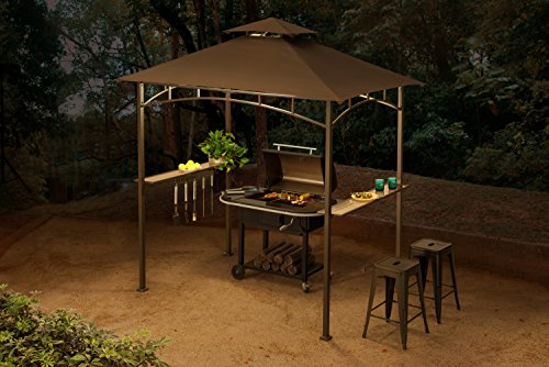 Sunjoy L-GG001PST-F 8' X 5' Soft Top Brown Double Tiered Canopy Grill Gazebo With 4Pcs Led Gazebo Grill,