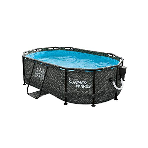 Summer Waves P71408401 13.9 x 8.2 Foot 39.5-Inch Deep Dark Herringbone Print Active Above Ground Metal Framed Oval Family Backyard Swimming Pool with SFX600 SkimmerPlus Filter Pump, Gray