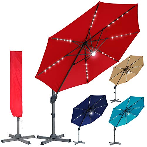 Blissun 10ft Offset Umbrella with 36 Solar LED Lights, Hanging Lighted Patio Umbrella with 360° Rotation, Outdoor Cantilever Umbrella, Outside Solar Umbrella for Garden, Backyard, Patio, Pool, Red